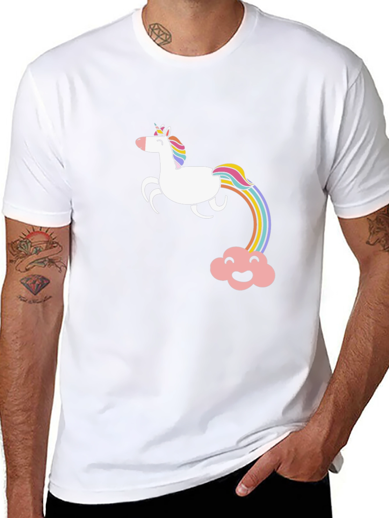 Unicorn Rainbow Graphic Tee - Black Cotton Casual T-Shirt