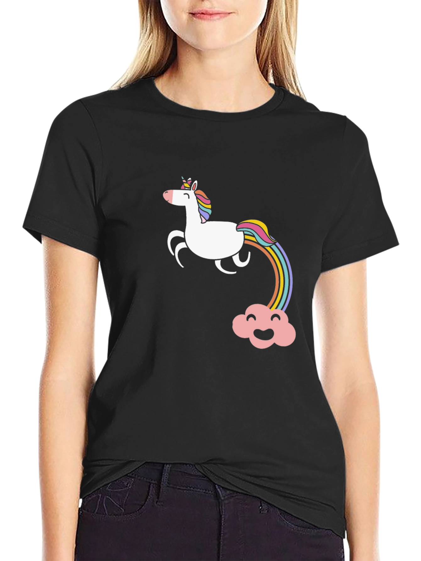 Unicorn Rainbow Graphic Tee - Black Cotton Casual T-Shirt