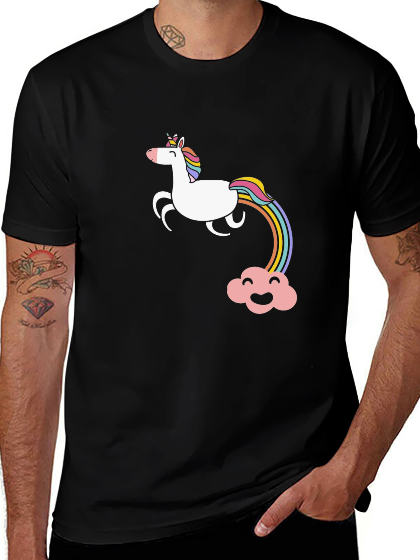 Unicorn Rainbow Graphic Tee - Black Cotton Casual T-Shirt
