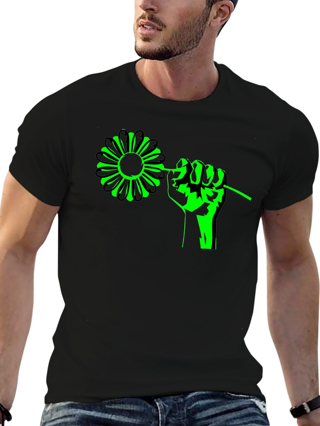 Flower Power Graphic Tee - Black Cotton T-Shirt
