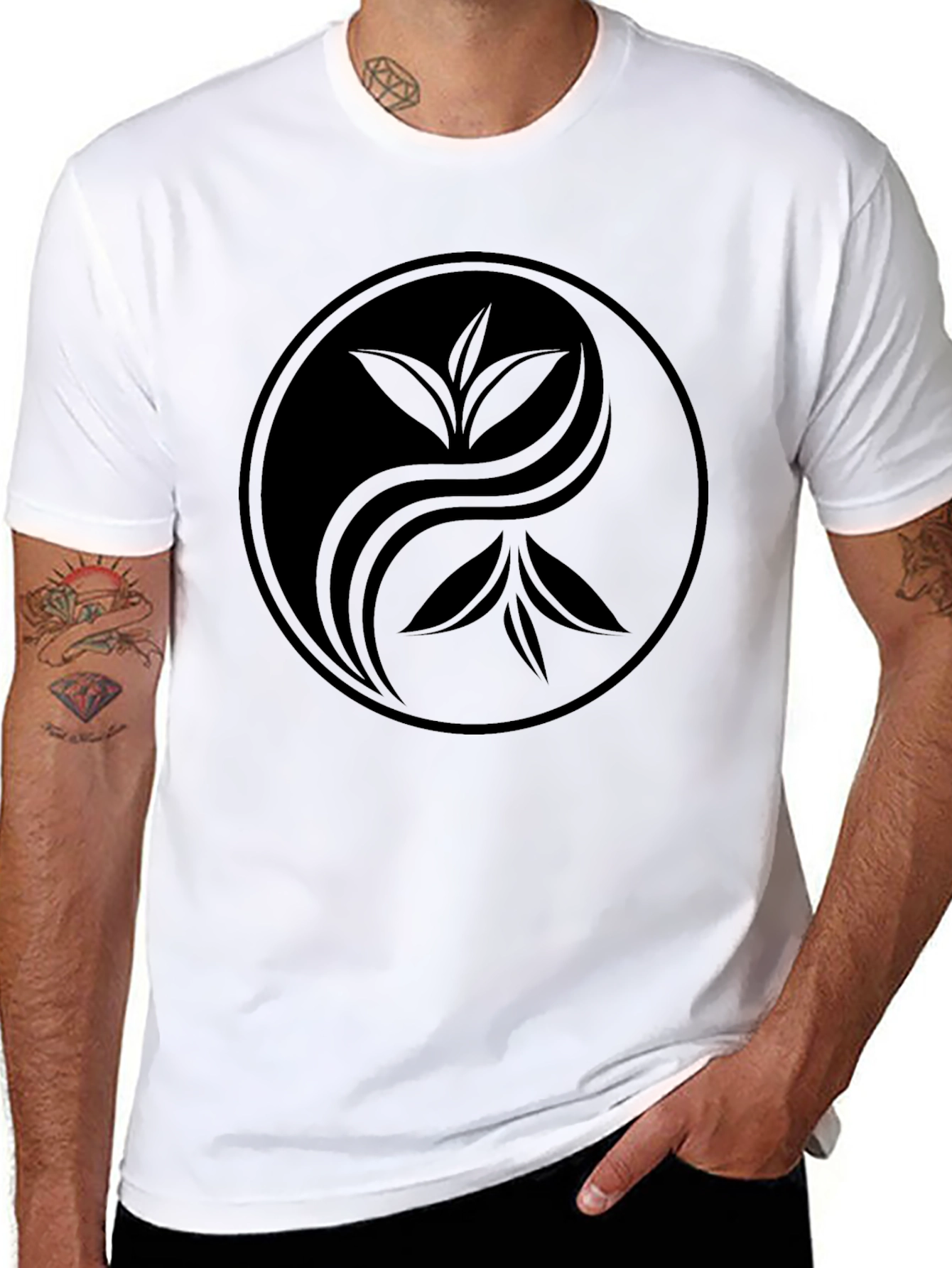 Yin Yang Tea Leaf Graphic Tee - Soft Black Cotton