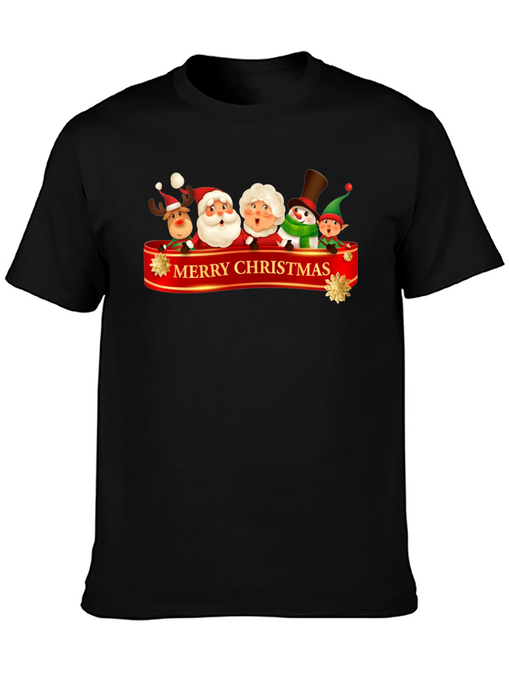 Merry Christmas Cartoon Graphic Black T-Shirt