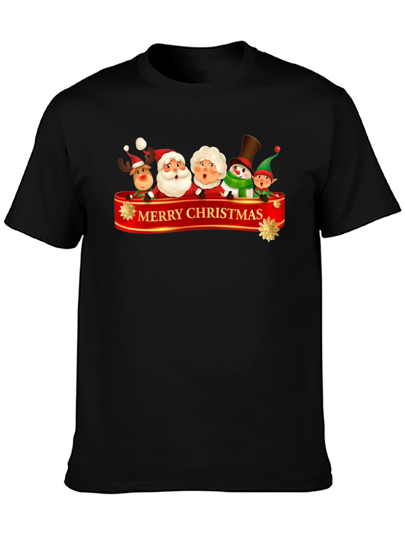 Merry Christmas Cartoon Graphic Black T-Shirt