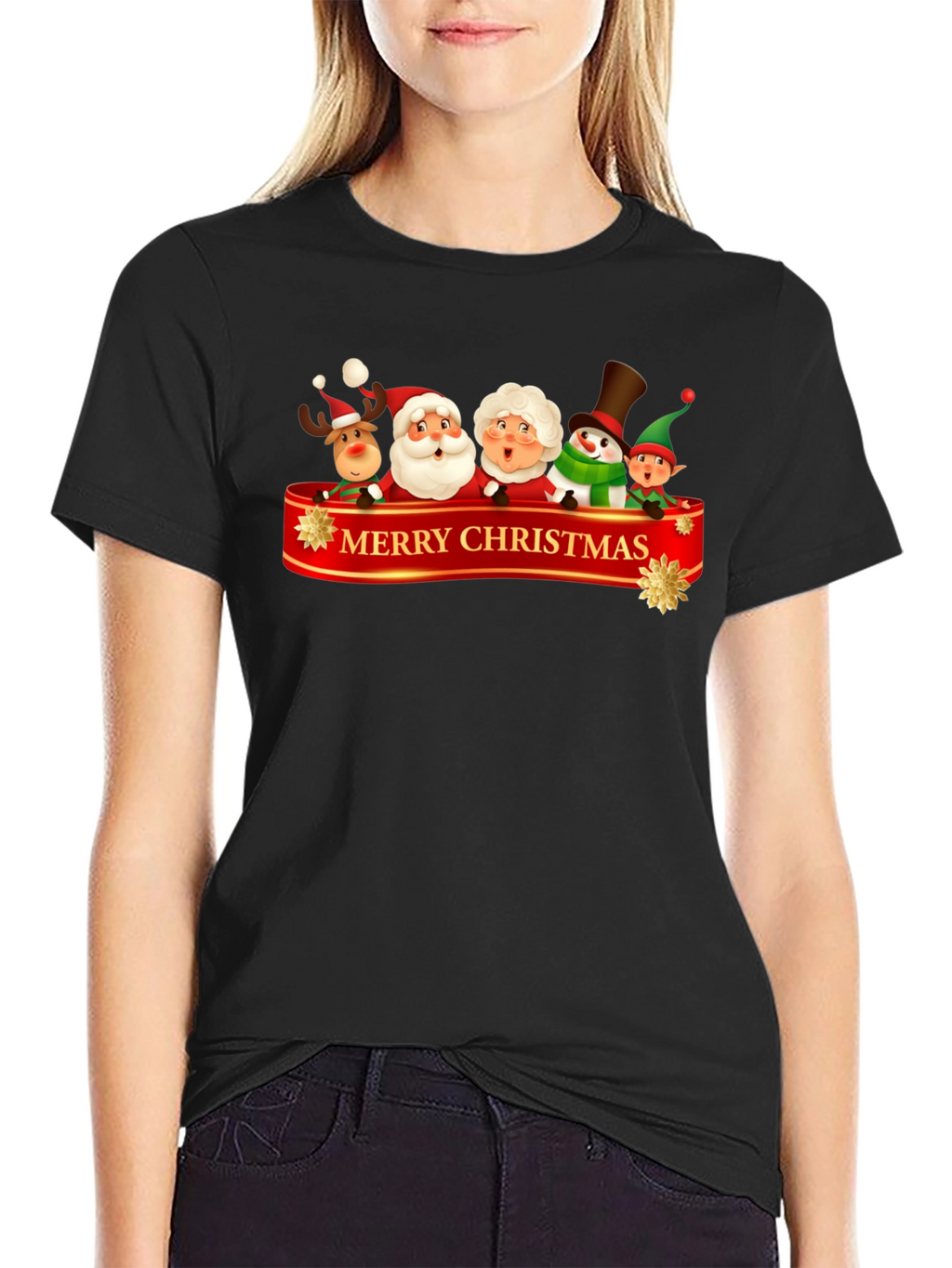 Merry Christmas Cartoon Graphic Black T-Shirt