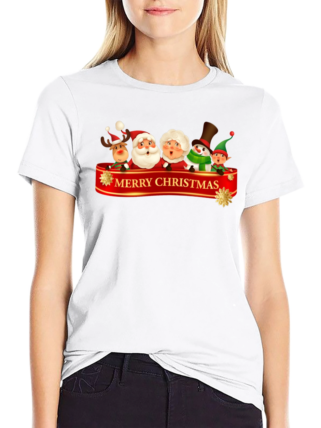 Merry Christmas Cartoon Graphic Black T-Shirt