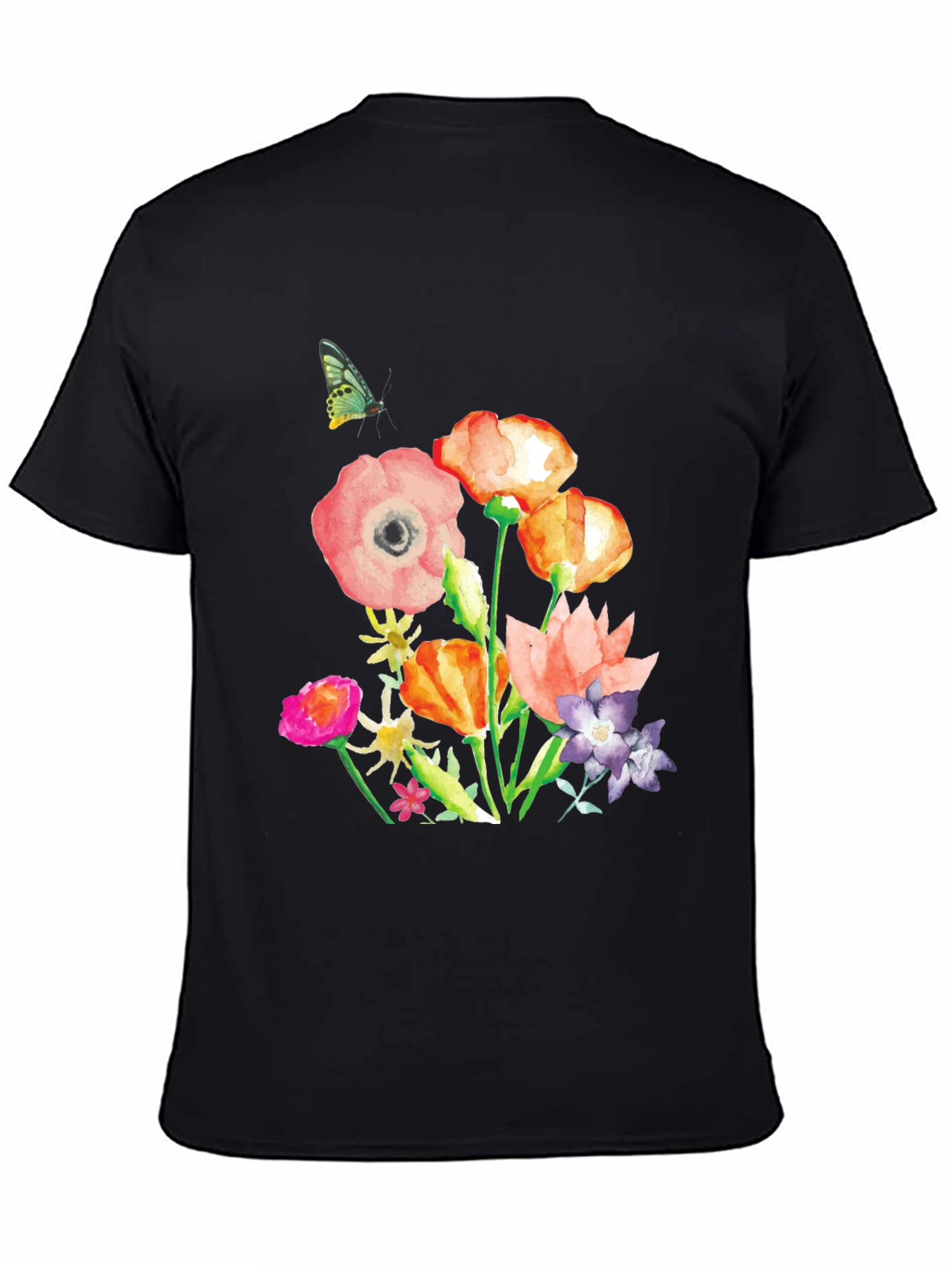 Floral T-Shirt - Butterfly Accent Black Crew Neck