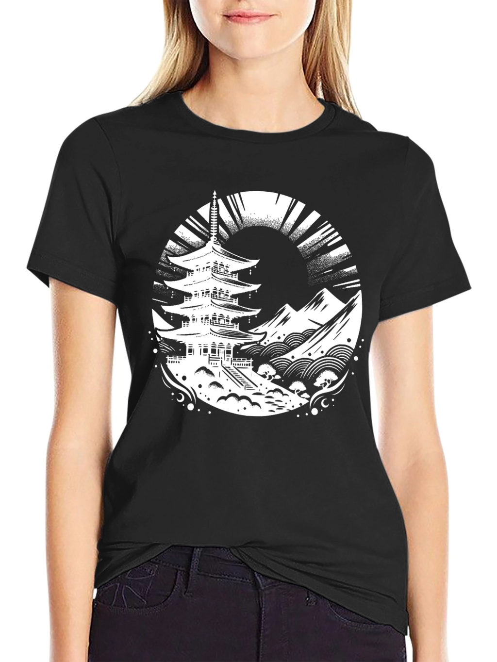 Pagoda Graphic Tee - Stylish Black T-Shirt