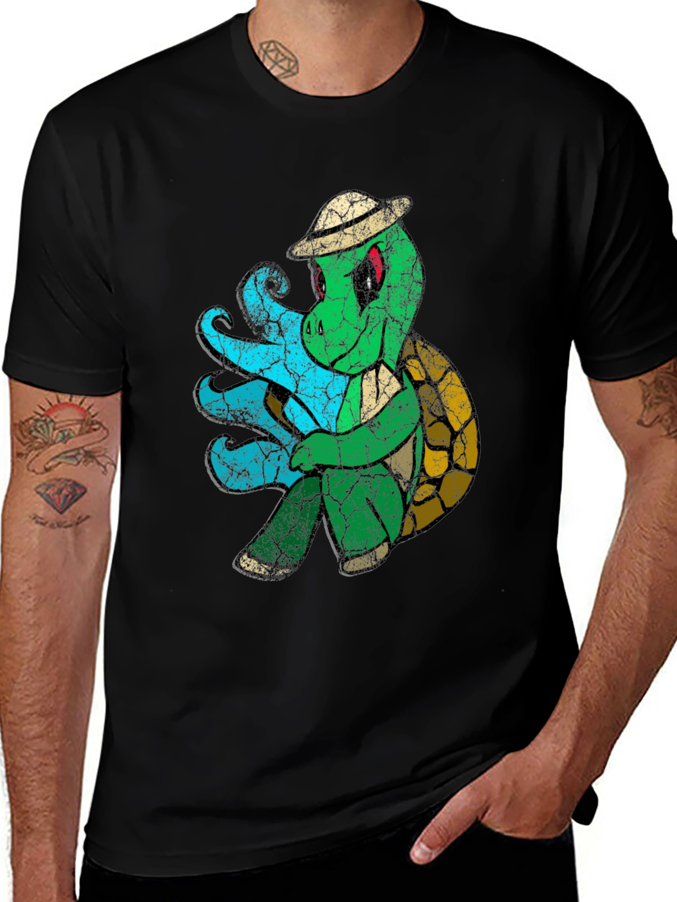 Vintage Turtle Graphic Tee - Black Cotton Blend