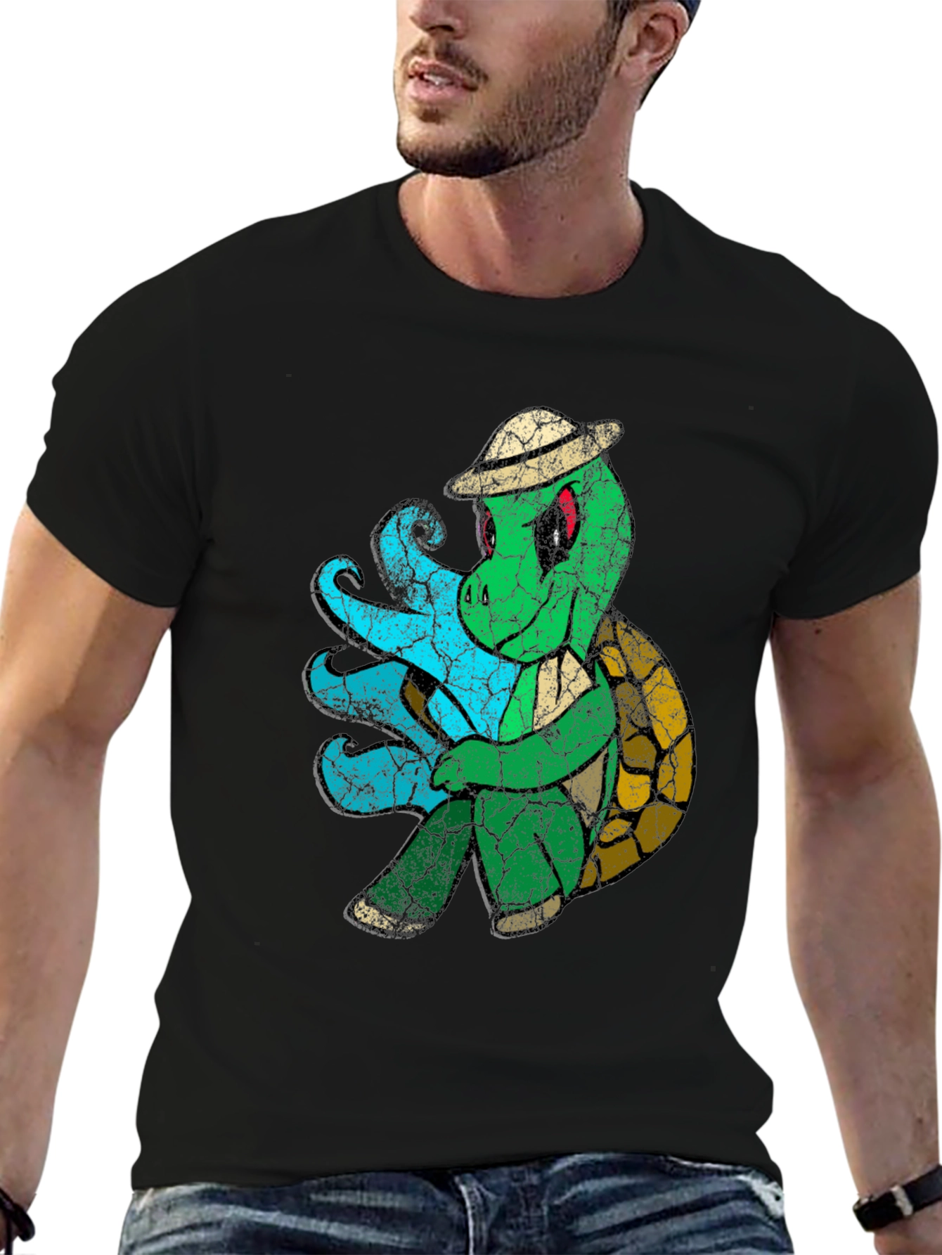 Vintage Turtle Graphic Tee - Black Cotton Blend
