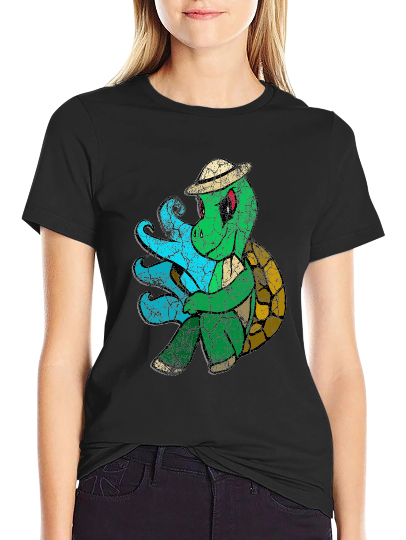 Vintage Turtle Graphic Tee - Black Cotton Blend