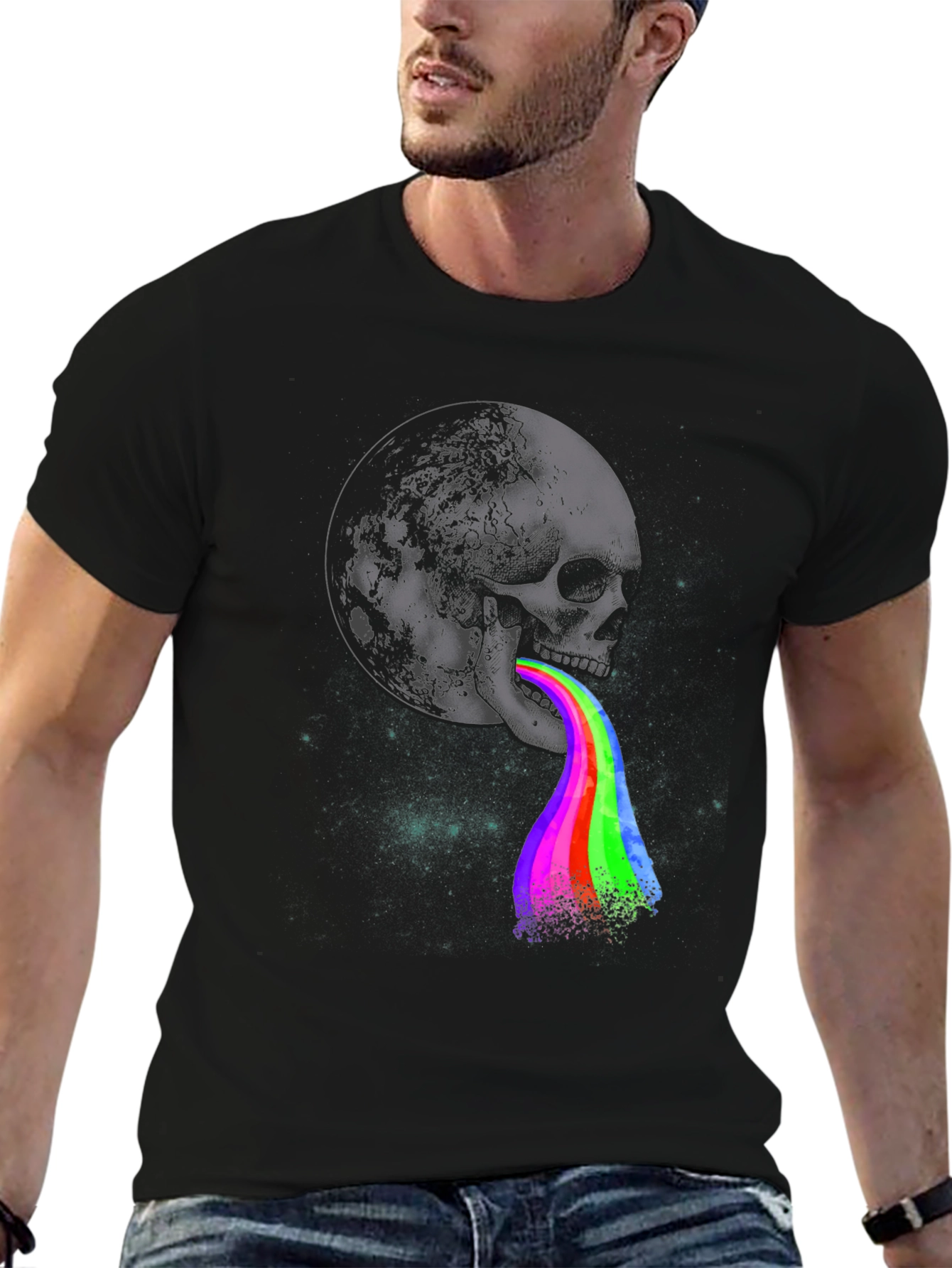 Skull Moon Rainbow Vomit Graphic Tee