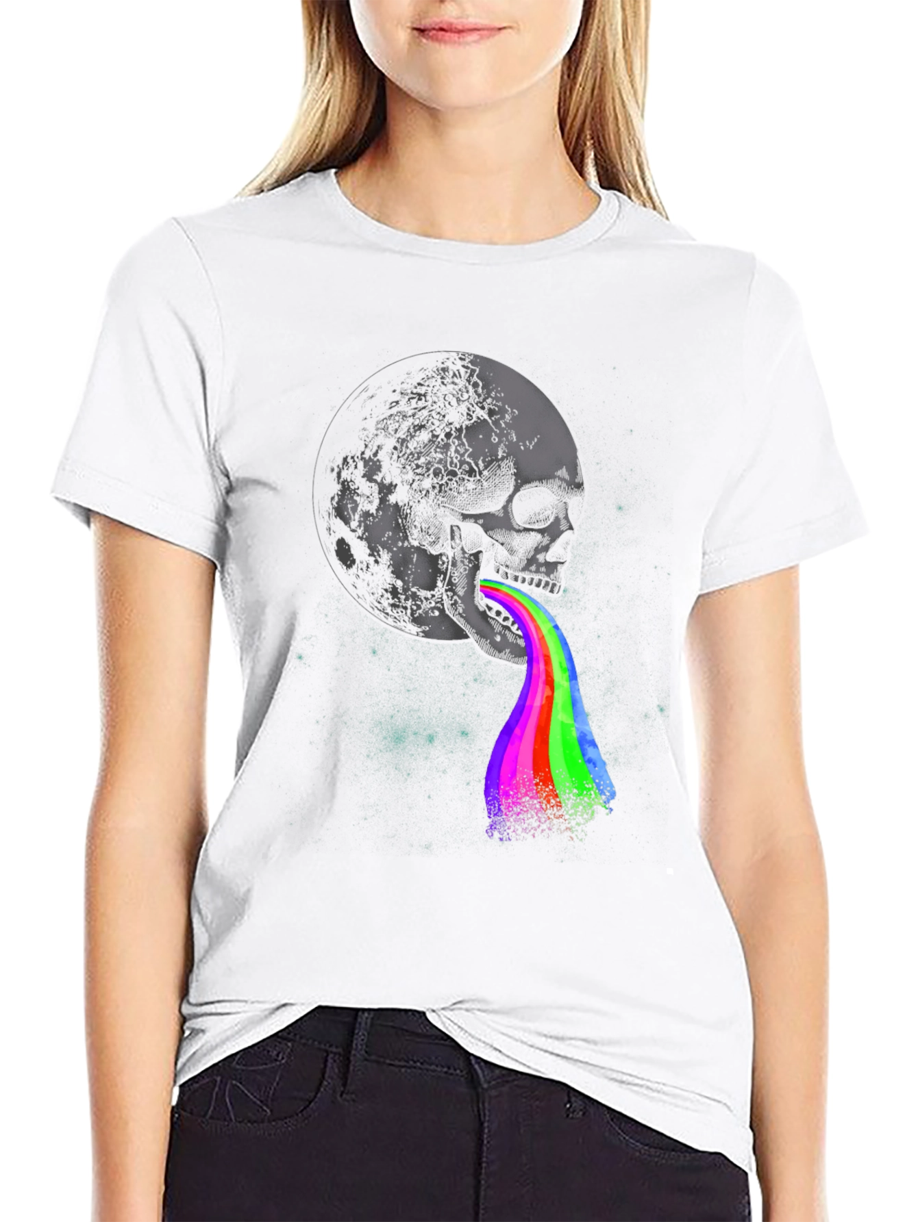 Skull Moon Rainbow Vomit Graphic Tee
