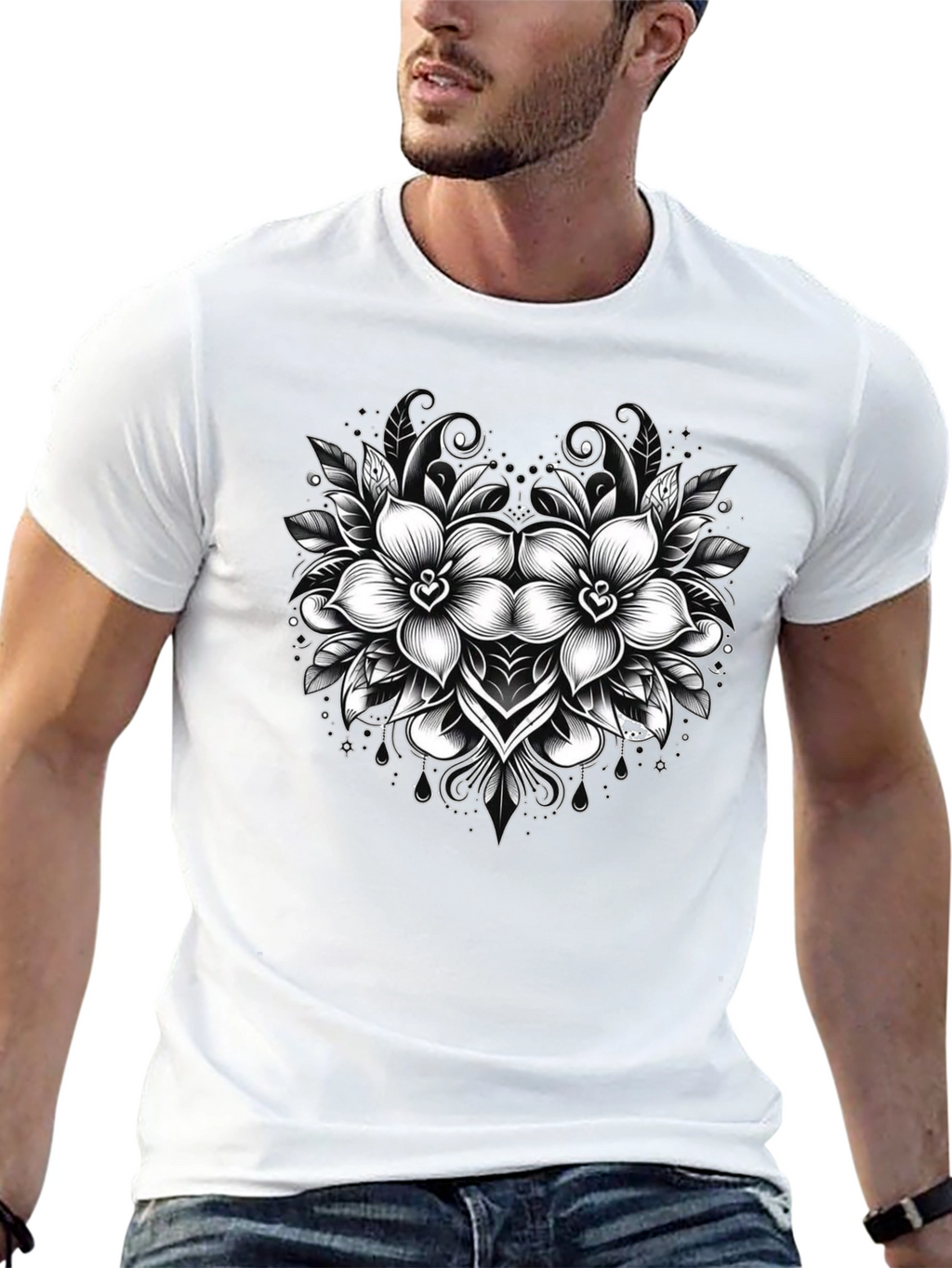 Floral Graphic Print Mens Black T-Shirt