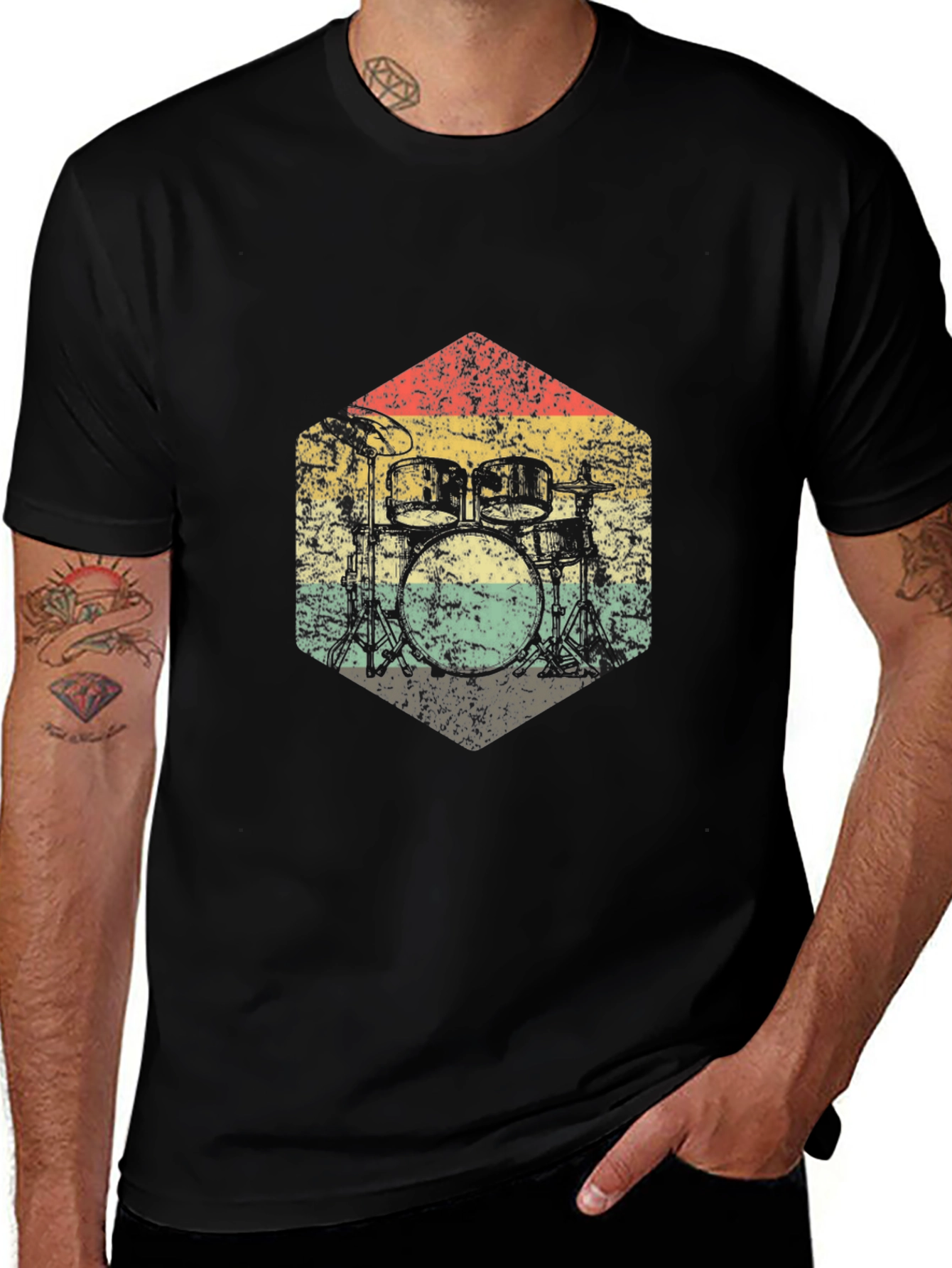 Vintage Drum Kit Graphic Tee - Retro Style Black T-Shirt