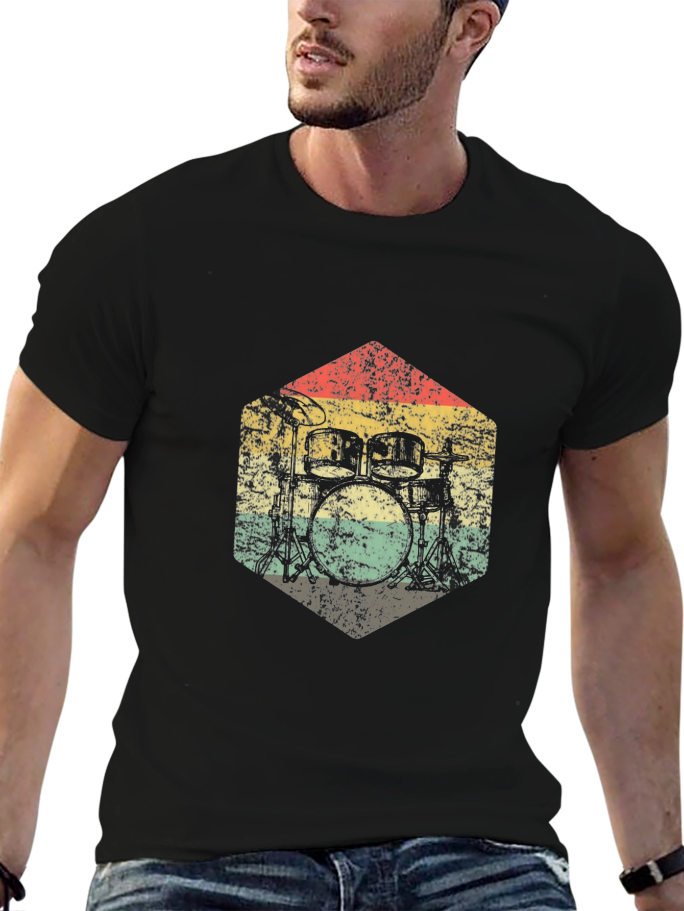 Vintage Drum Kit Graphic Tee - Retro Style Black T-Shirt