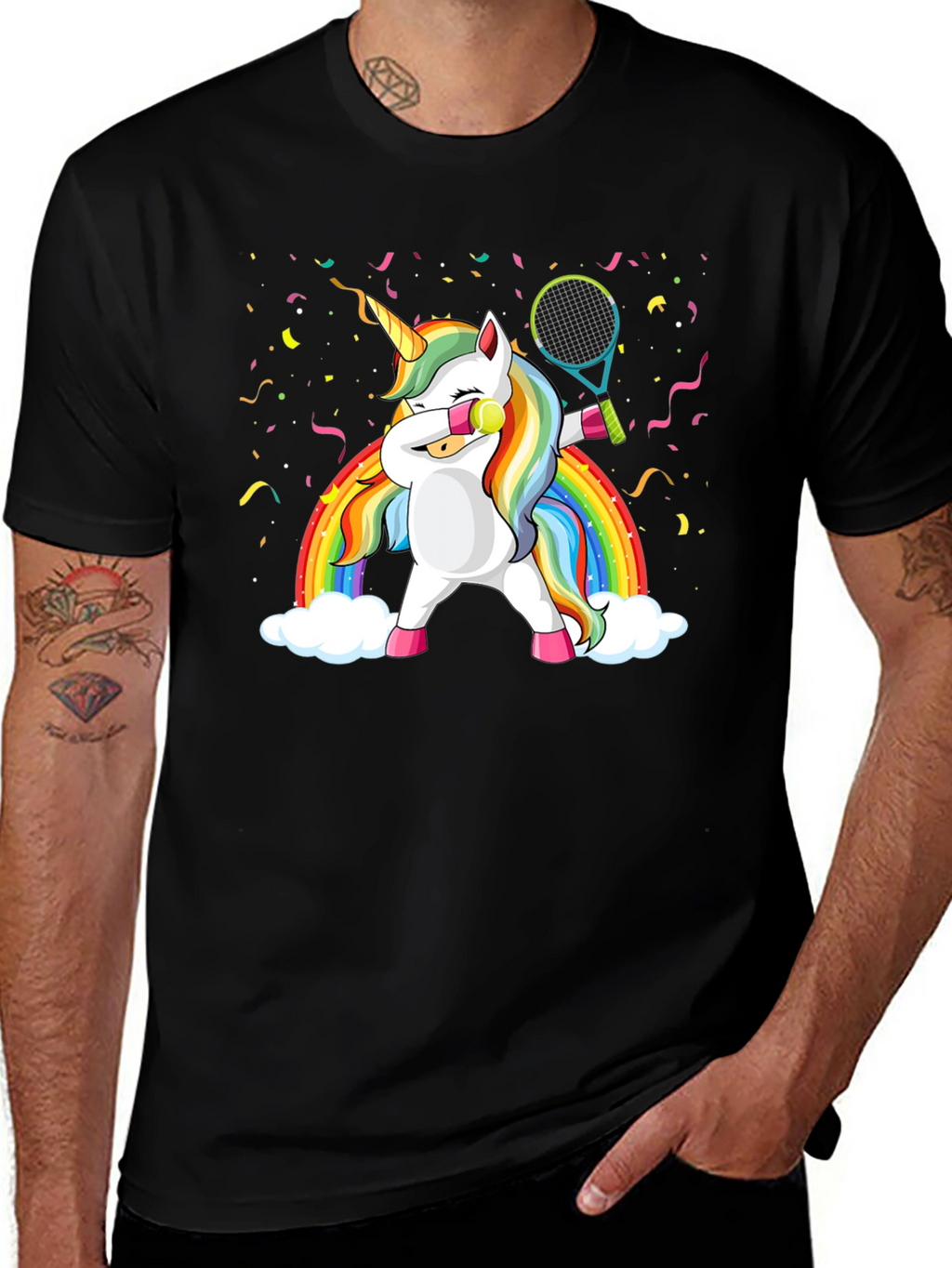 Dabbing Unicorn Tennis Rainbow Graphic T-Shirt