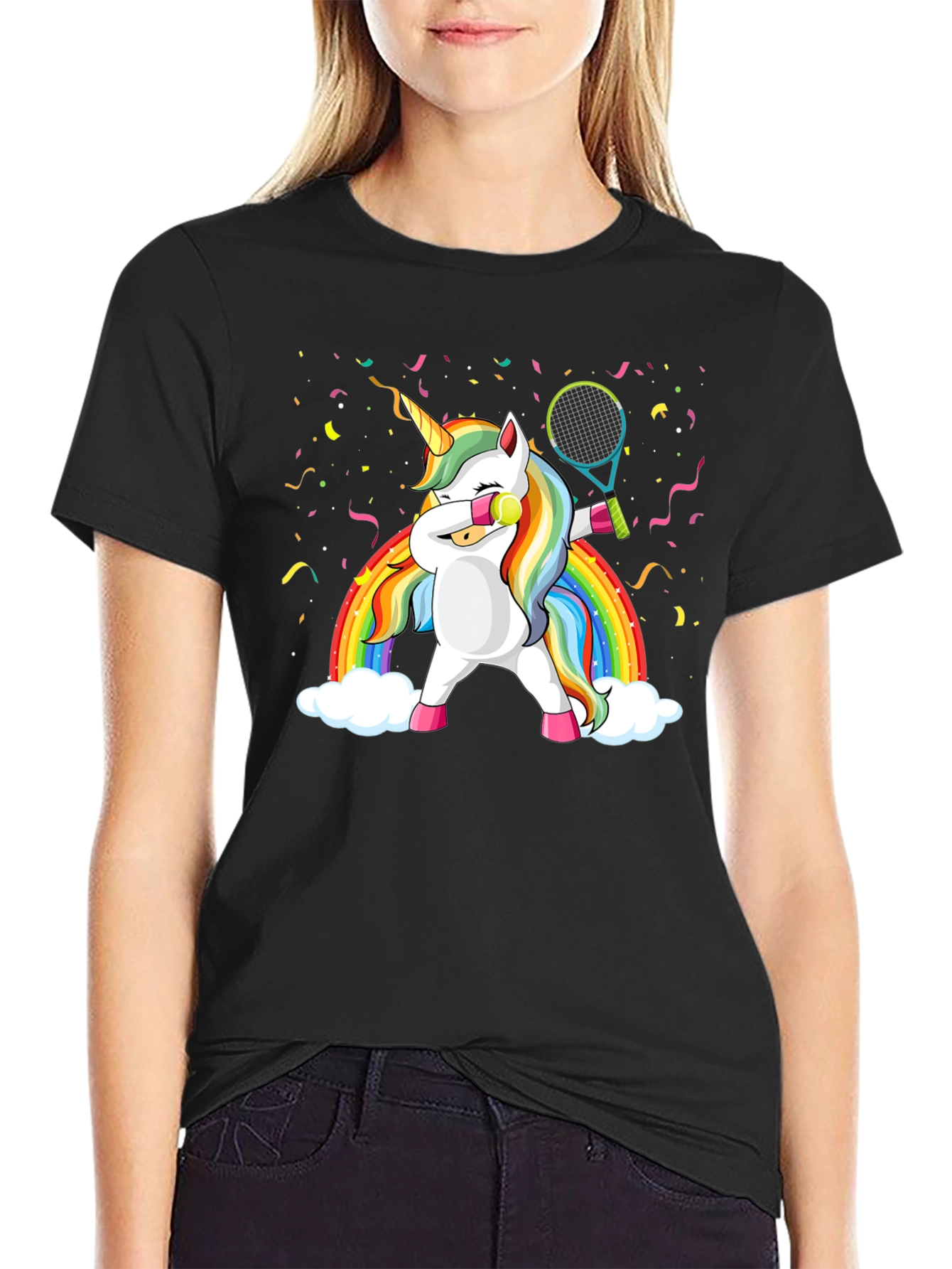 Dabbing Unicorn Tennis Rainbow Graphic T-Shirt