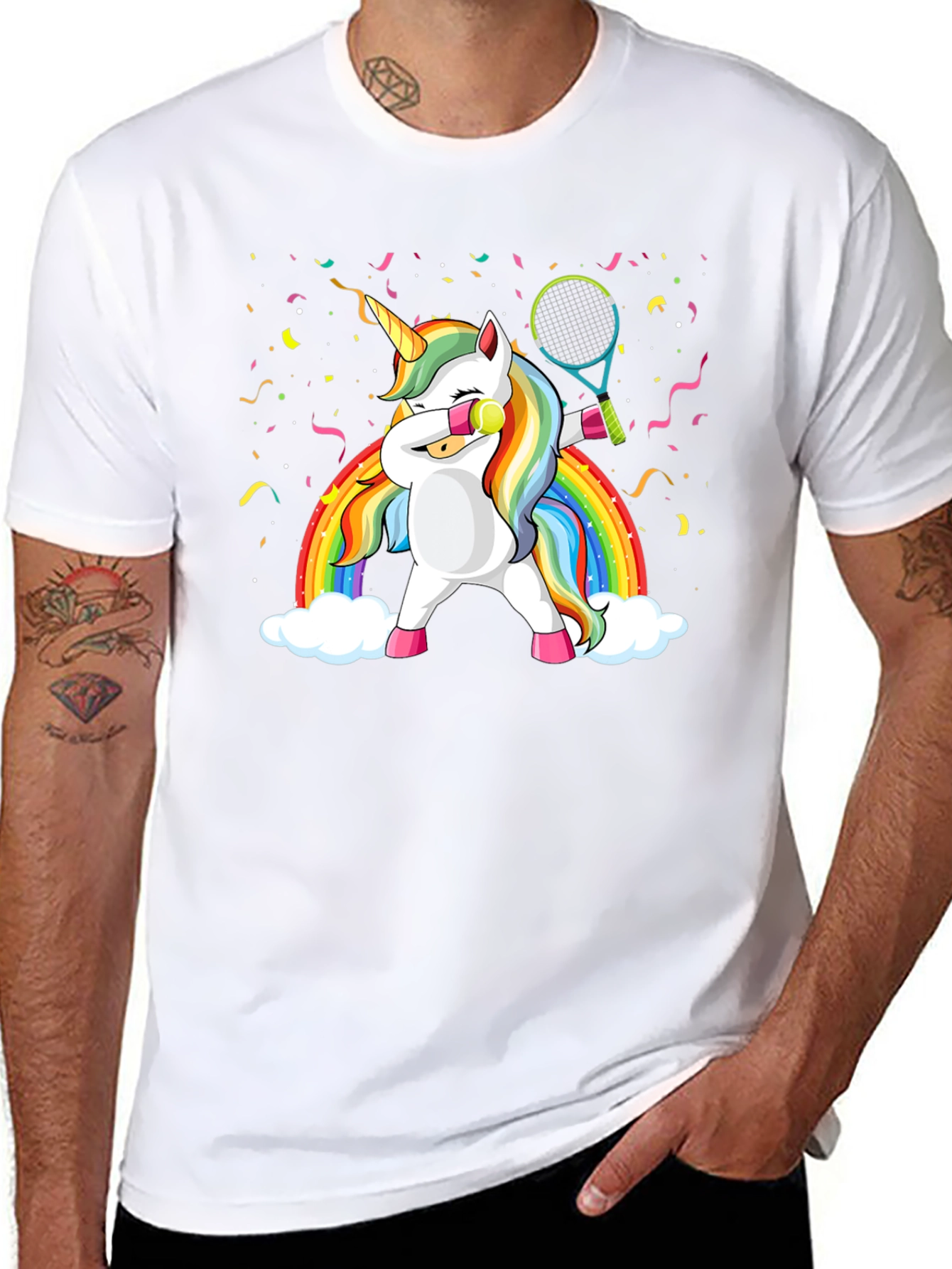 Dabbing Unicorn Tennis Rainbow Graphic T-Shirt