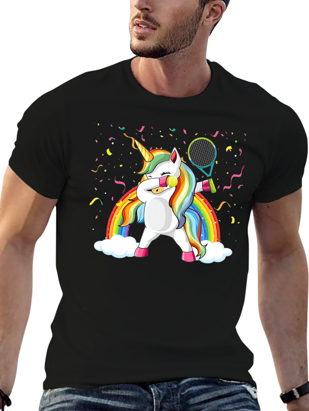Dabbing Unicorn Tennis Rainbow Graphic T-Shirt