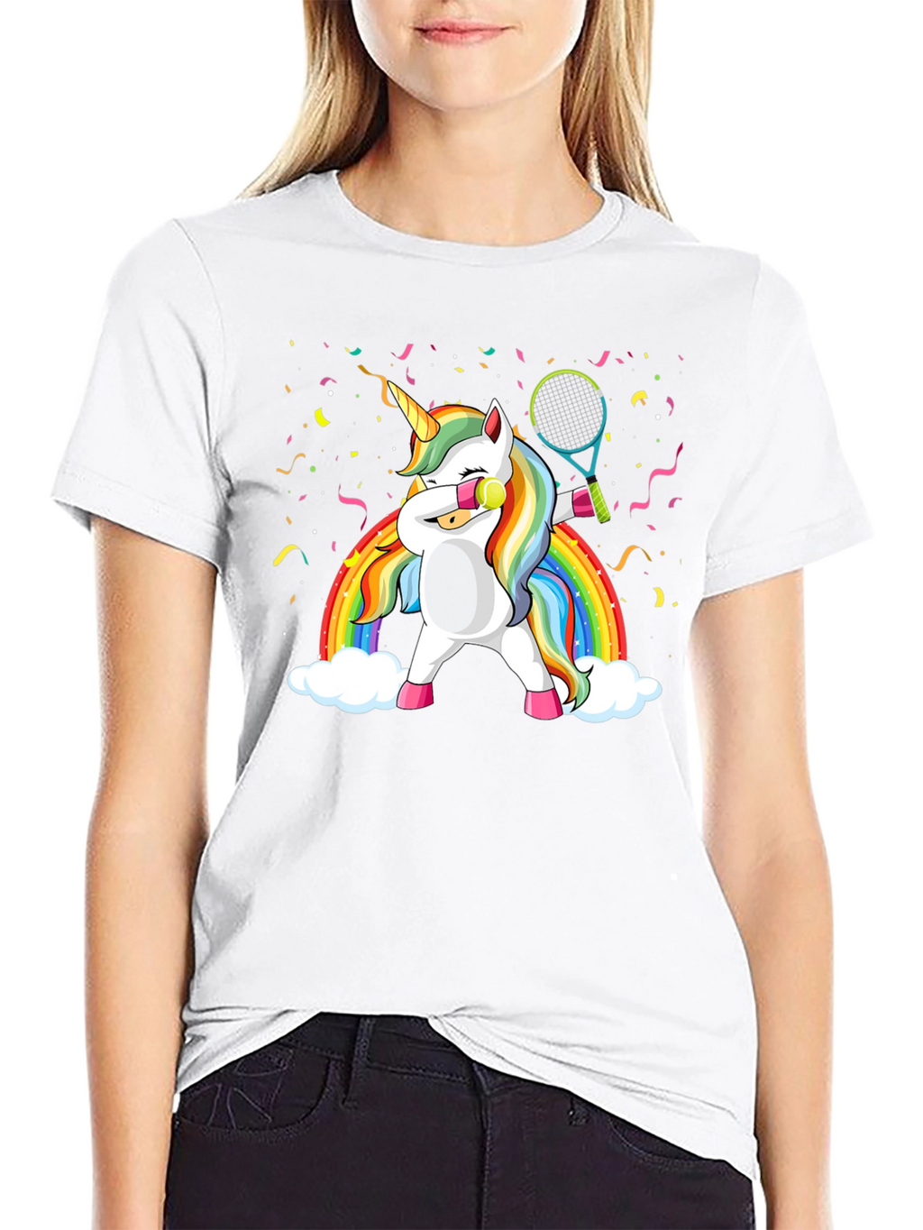 Dabbing Unicorn Tennis Rainbow Graphic T-Shirt
