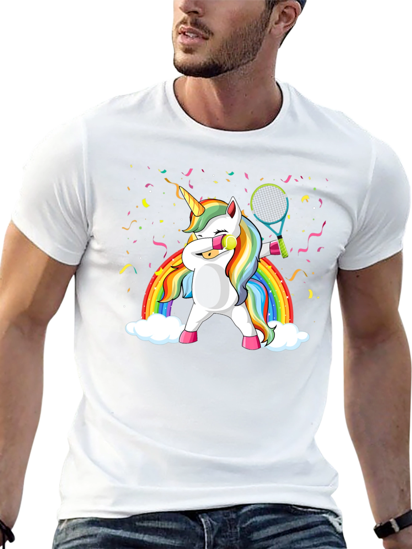 Dabbing Unicorn Tennis Rainbow Graphic T-Shirt