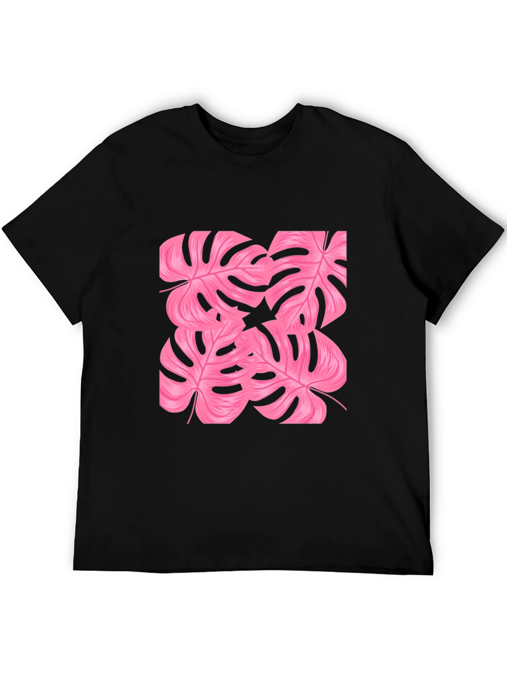 Tropical Pink Monstera Leaf Print Black T-Shirt
