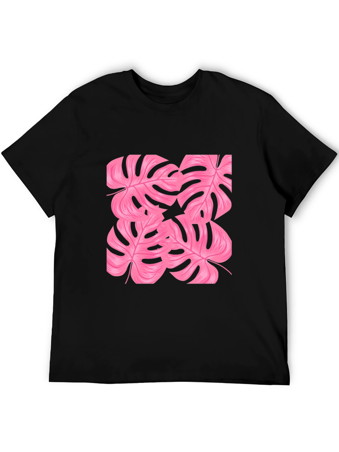 Tropical Pink Monstera Leaf Print Black T-Shirt
