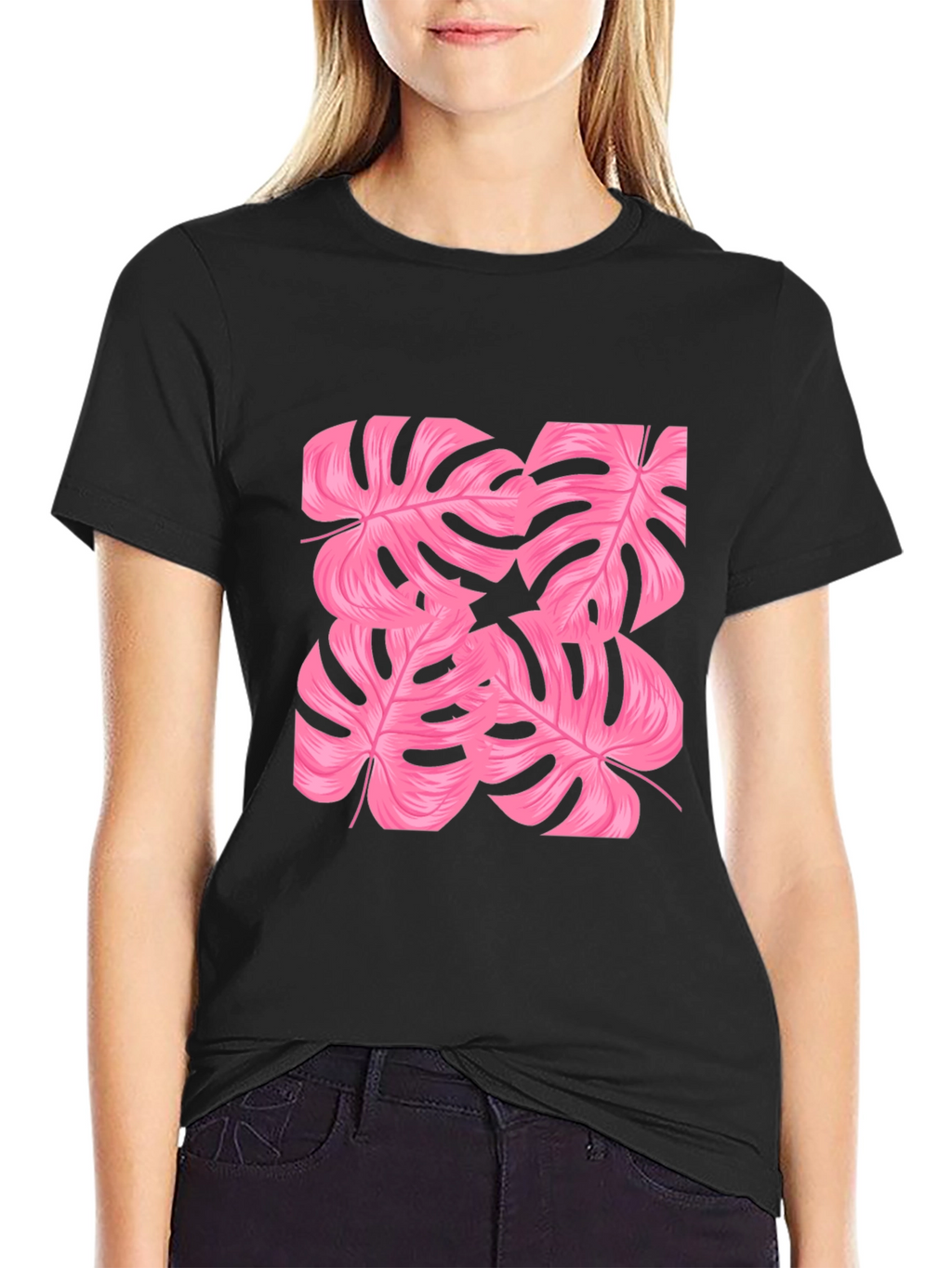 Tropical Pink Monstera Leaf Print Black T-Shirt