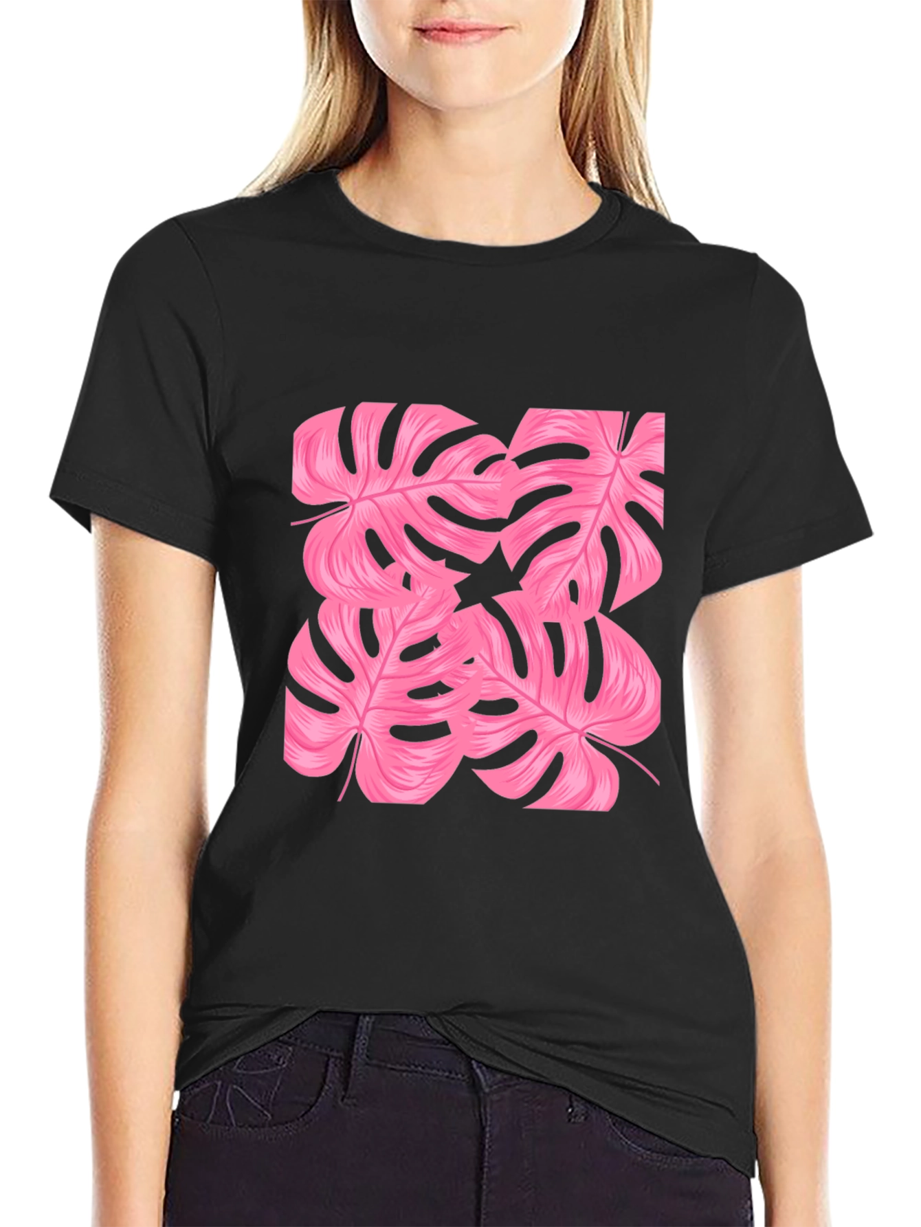 Tropical Pink Monstera Leaf Print Black T-Shirt