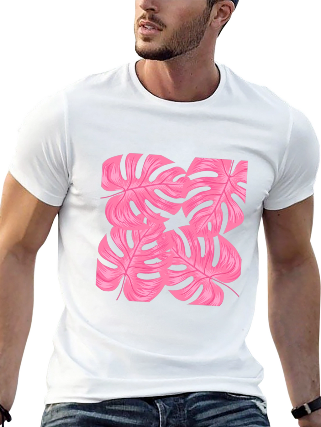 Tropical Pink Monstera Leaf Print Black T-Shirt
