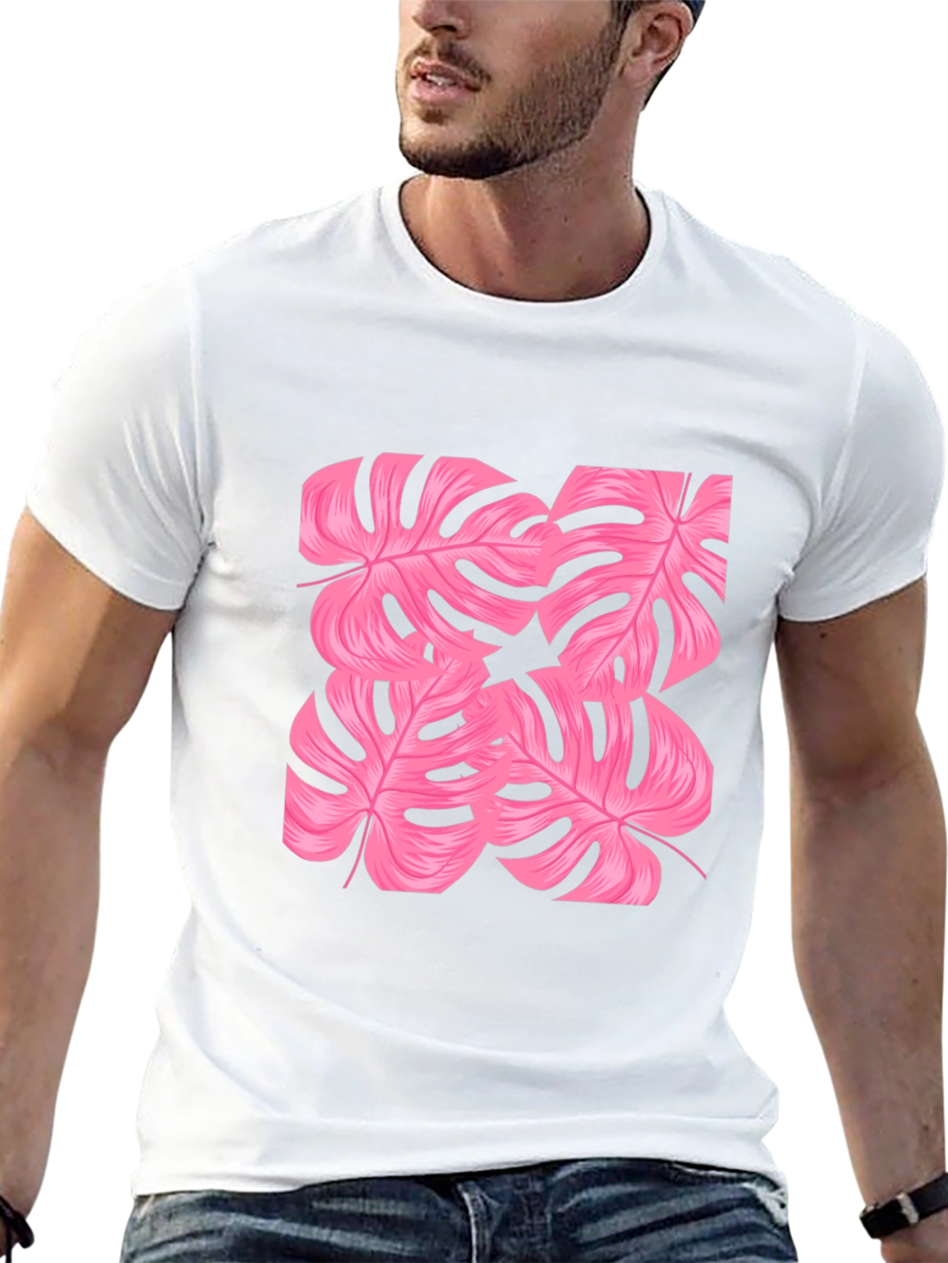 Tropical Pink Monstera Leaf Print Black T-Shirt