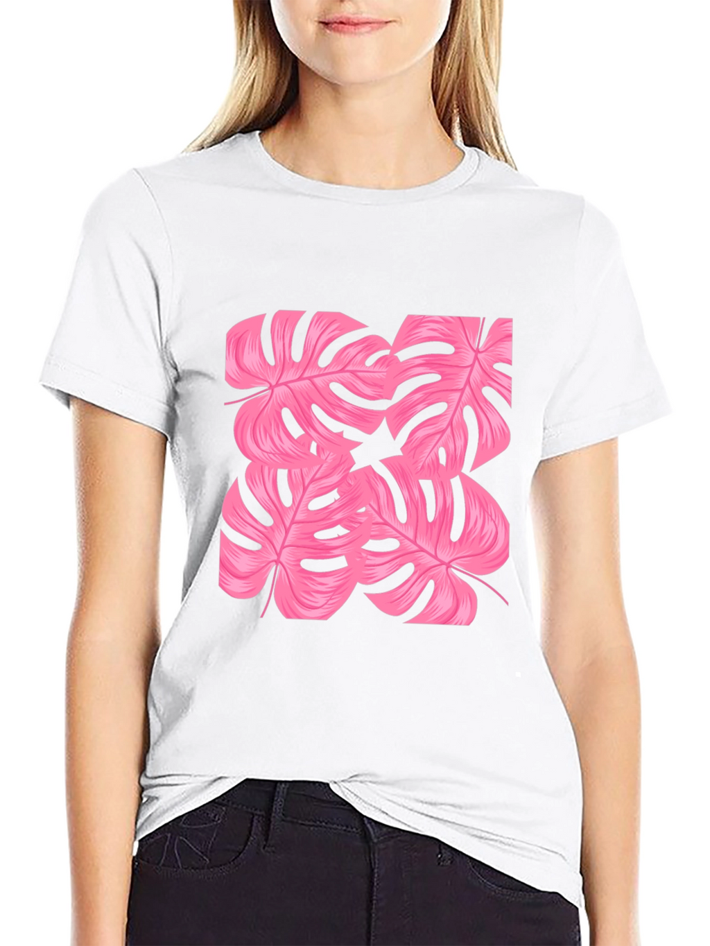 Tropical Pink Monstera Leaf Print Black T-Shirt