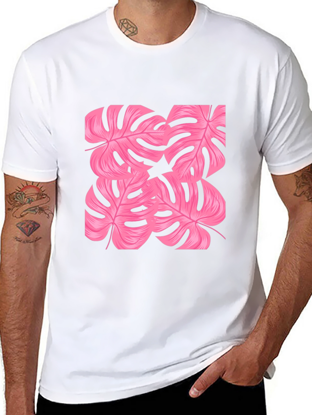 Tropical Pink Monstera Leaf Print Black T-Shirt