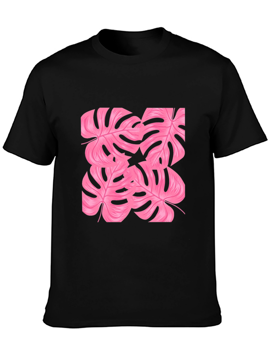 Tropical Pink Monstera Leaf Print Black T-Shirt