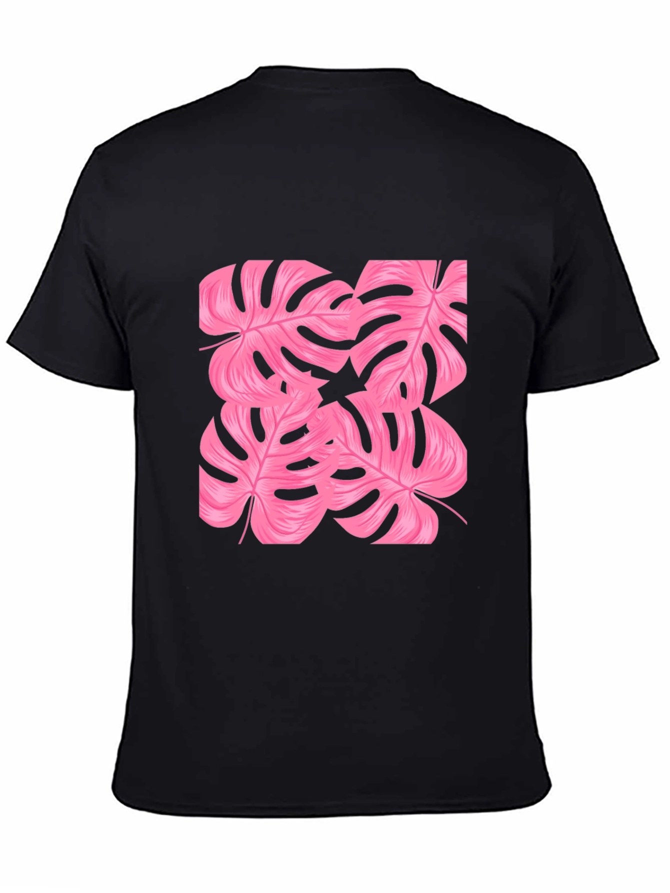 Tropical Pink Monstera Leaf Print Black T-Shirt