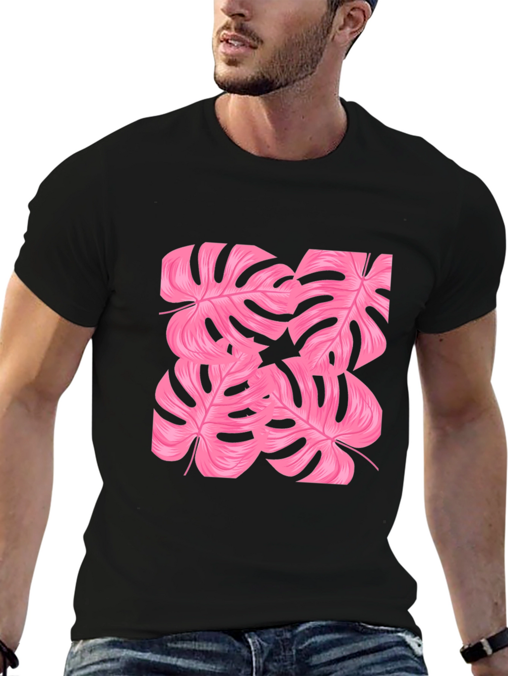 Tropical Pink Monstera Leaf Print Black T-Shirt