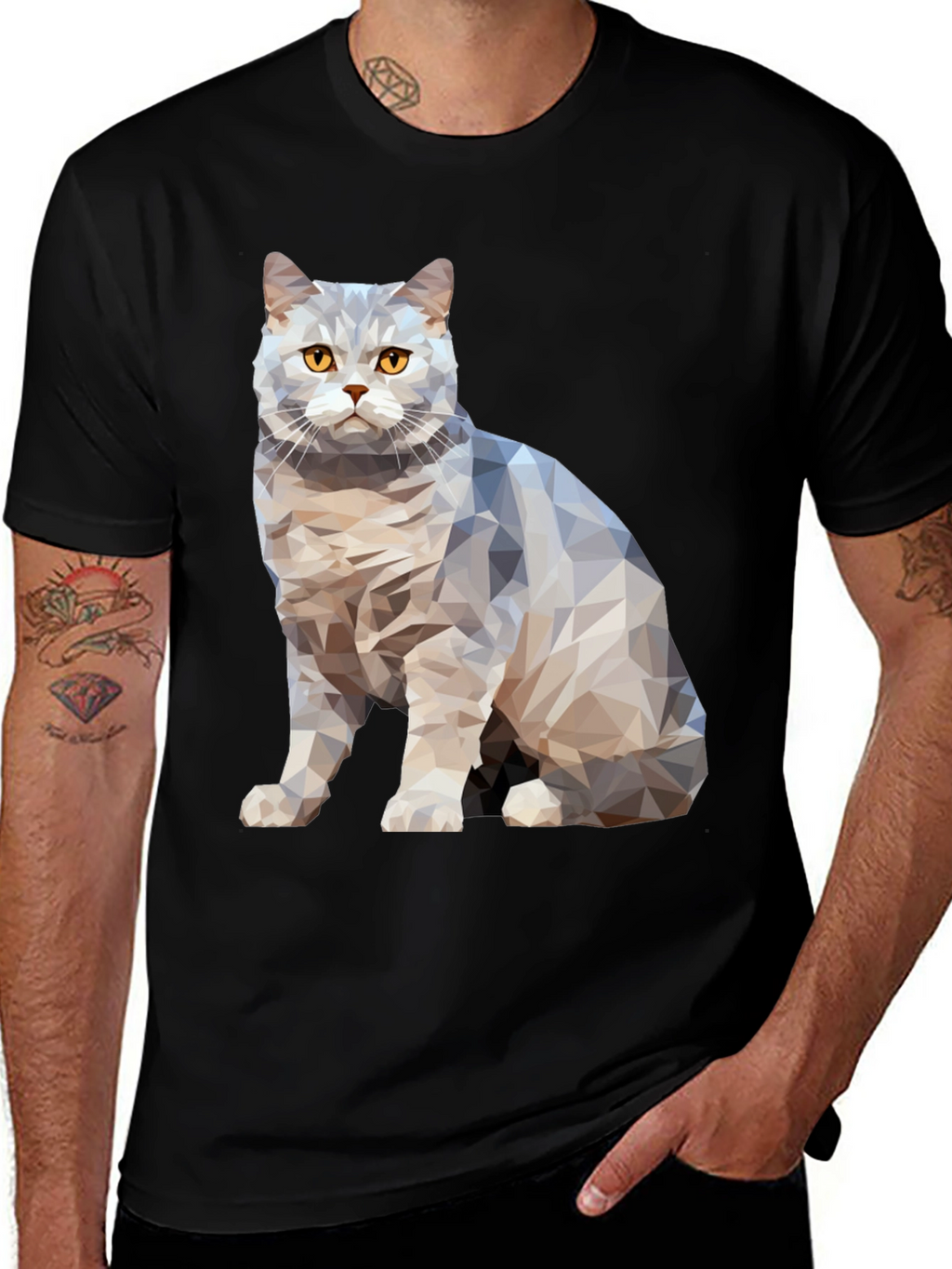 Geometric Cat Print Black T-Shirt