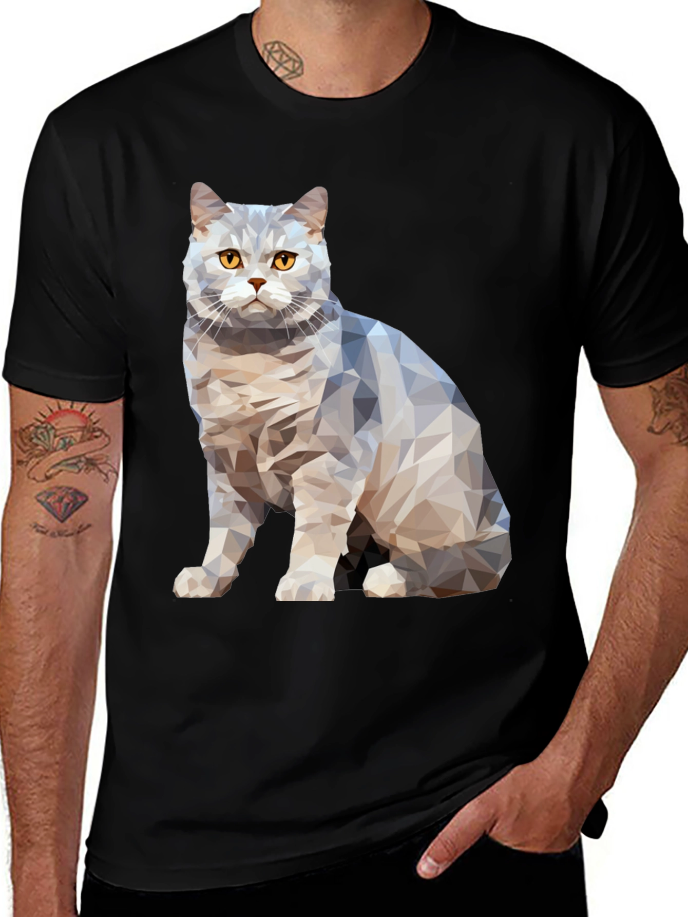 Geometric Cat Print Black T-Shirt