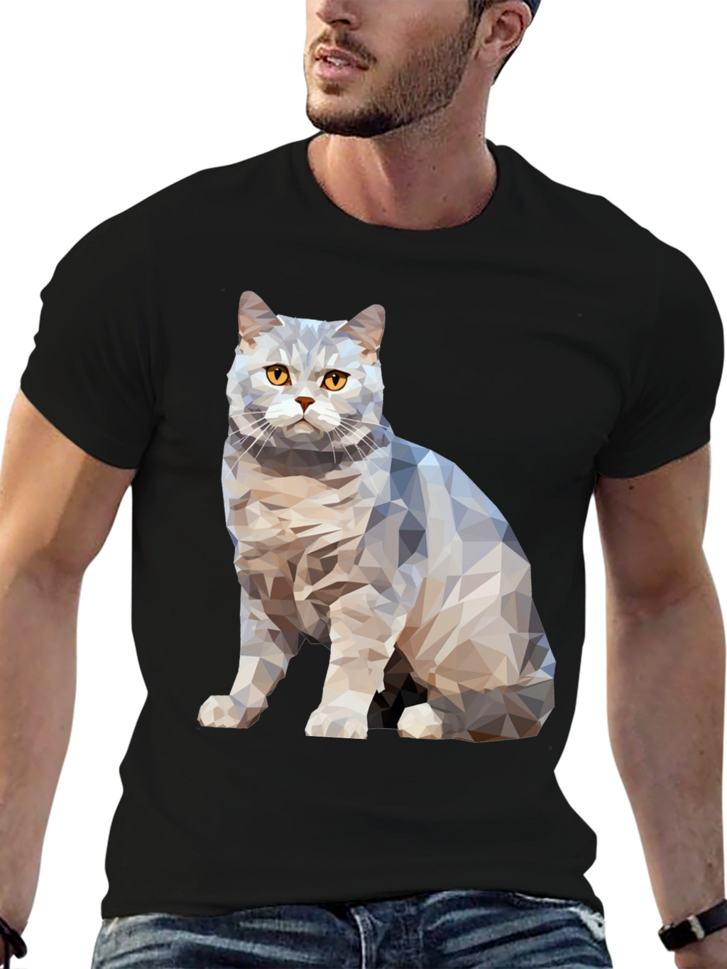 Geometric Cat Print Black T-Shirt