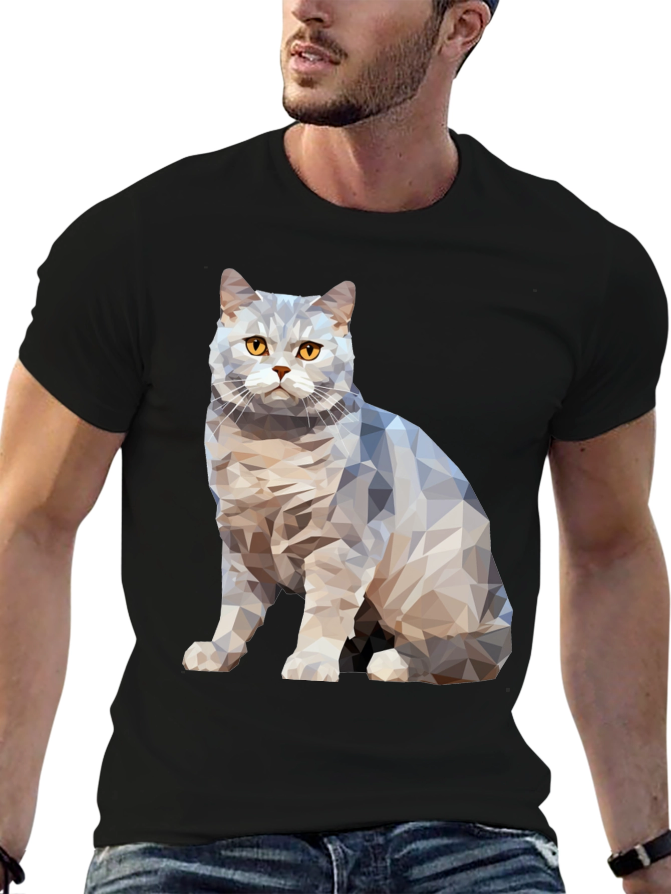 Geometric Cat Print Black T-Shirt