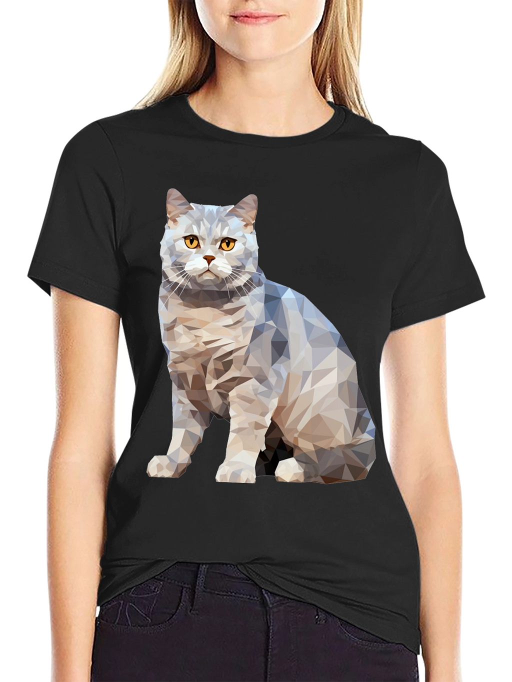 Geometric Cat Print Black T-Shirt