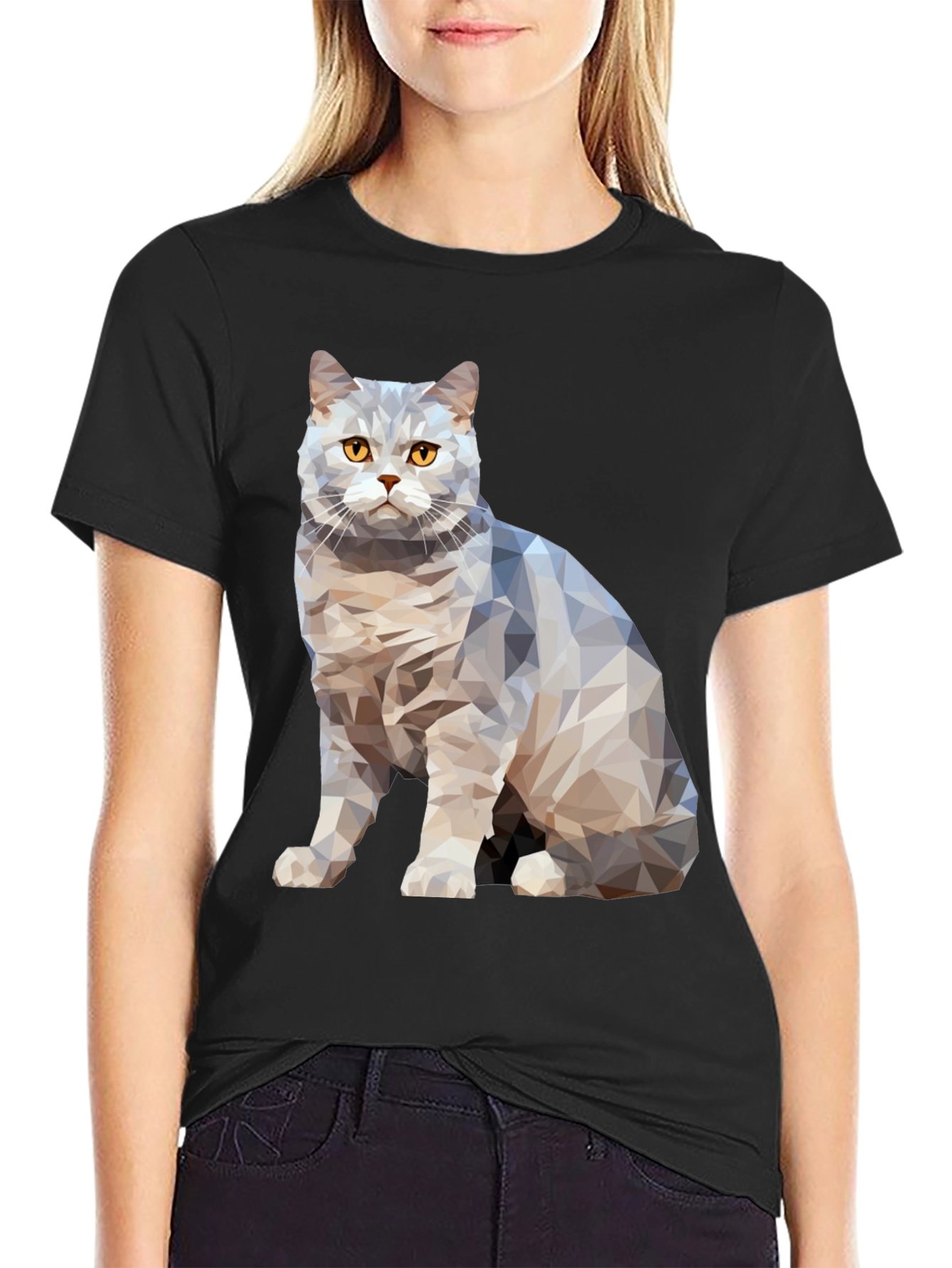 Geometric Cat Print Black T-Shirt