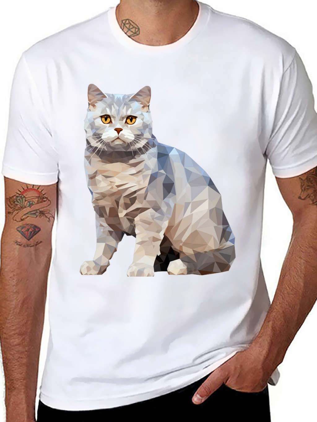 Geometric Cat Print Black T-Shirt