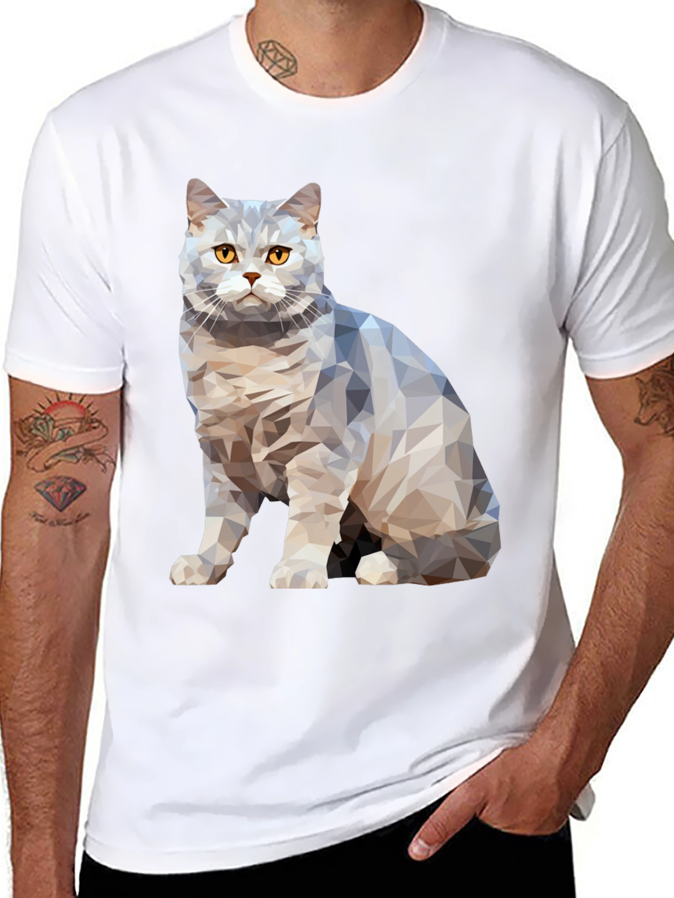 Geometric Cat Print Black T-Shirt
