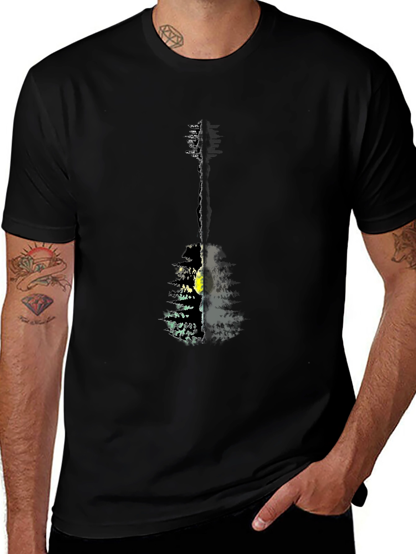 Guitar Forest Graphic Tee - Black Cotton Shirt