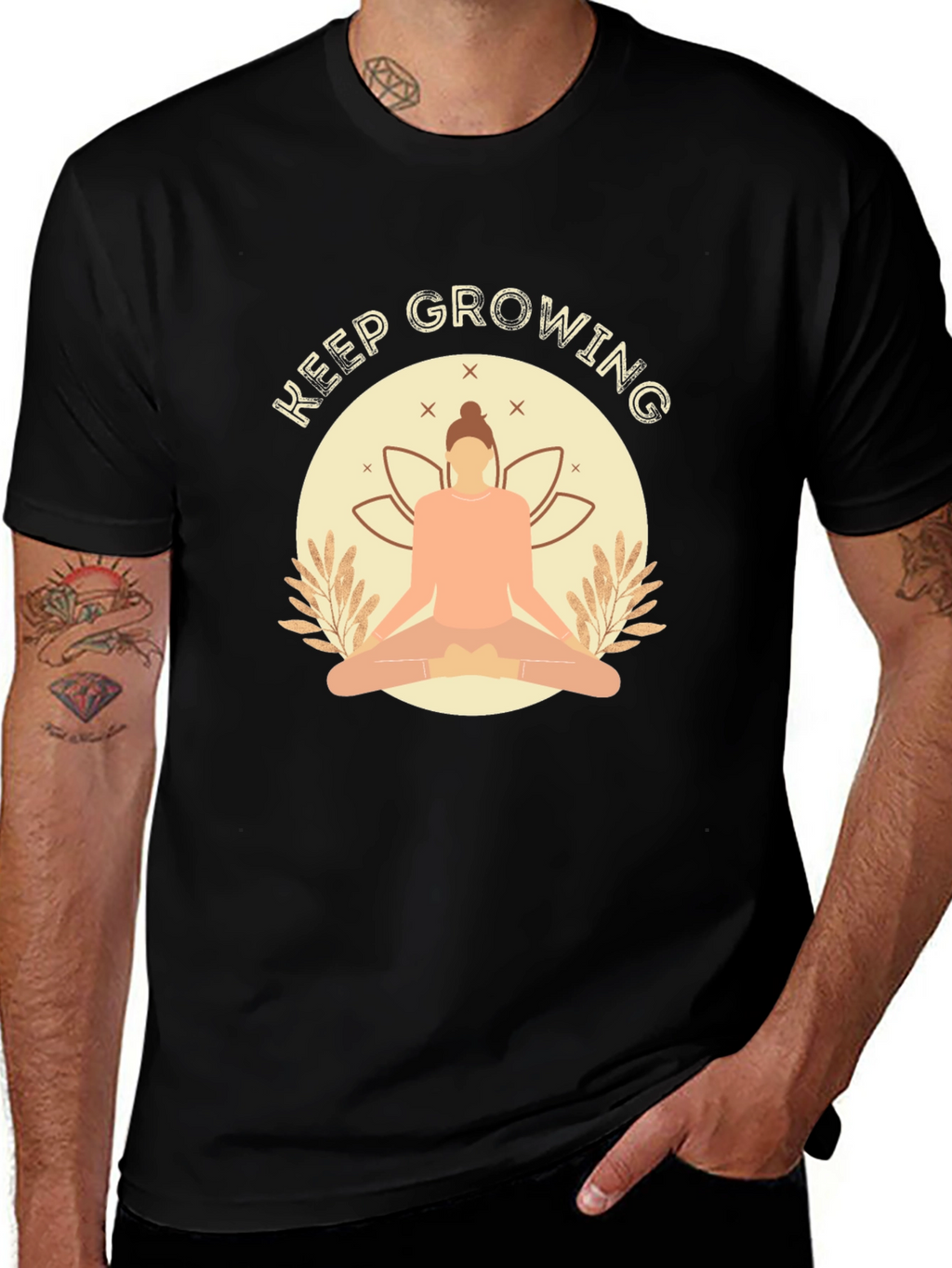 Keep Growing Black T-Shirt with Yoga Design