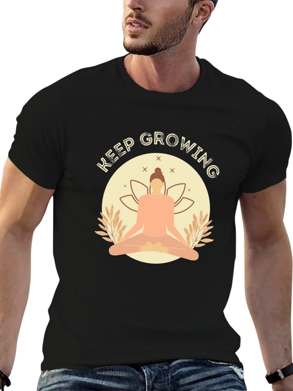 Keep Growing Black T-Shirt with Yoga Design