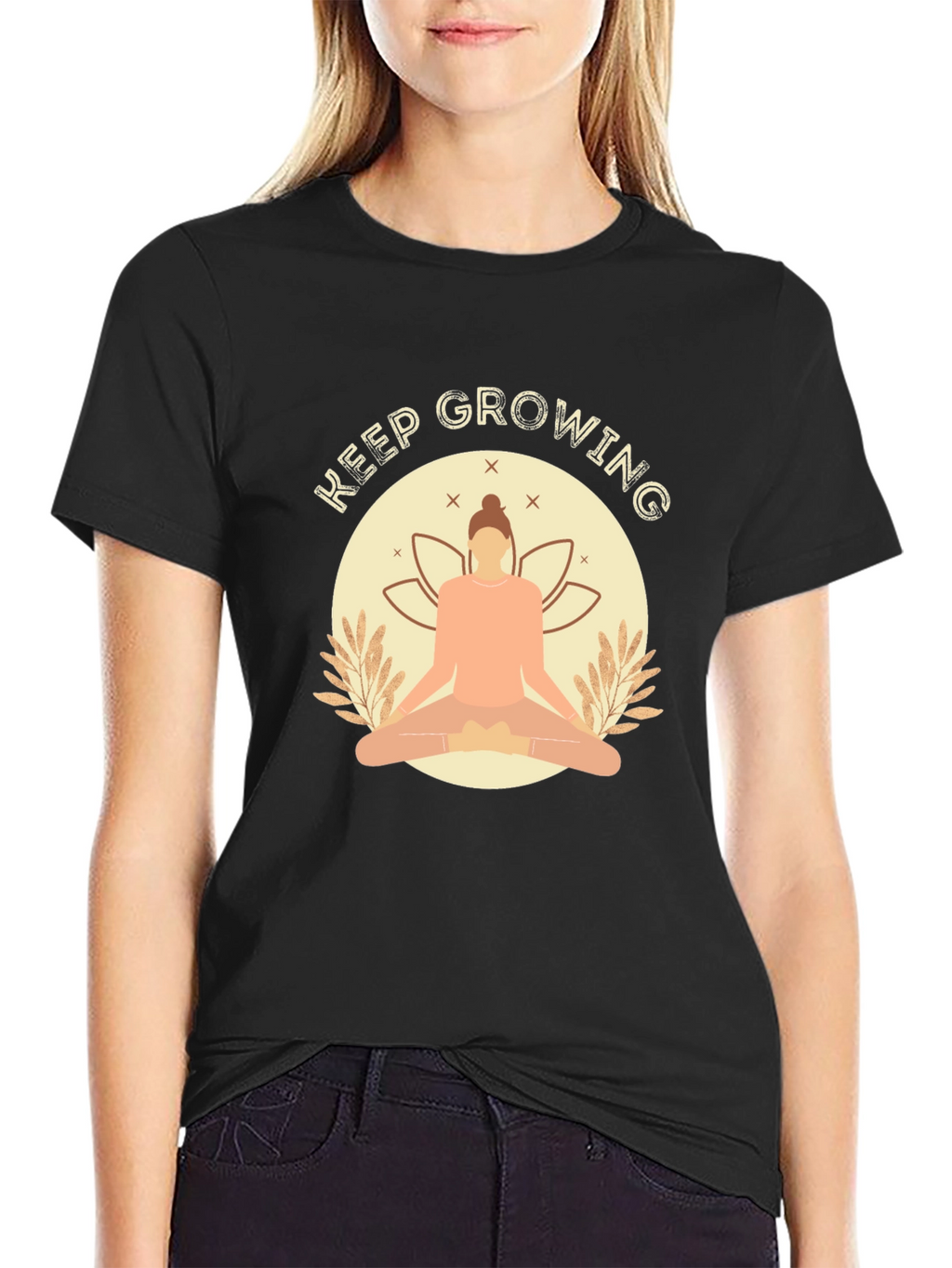 Keep Growing Black T-Shirt with Yoga Design