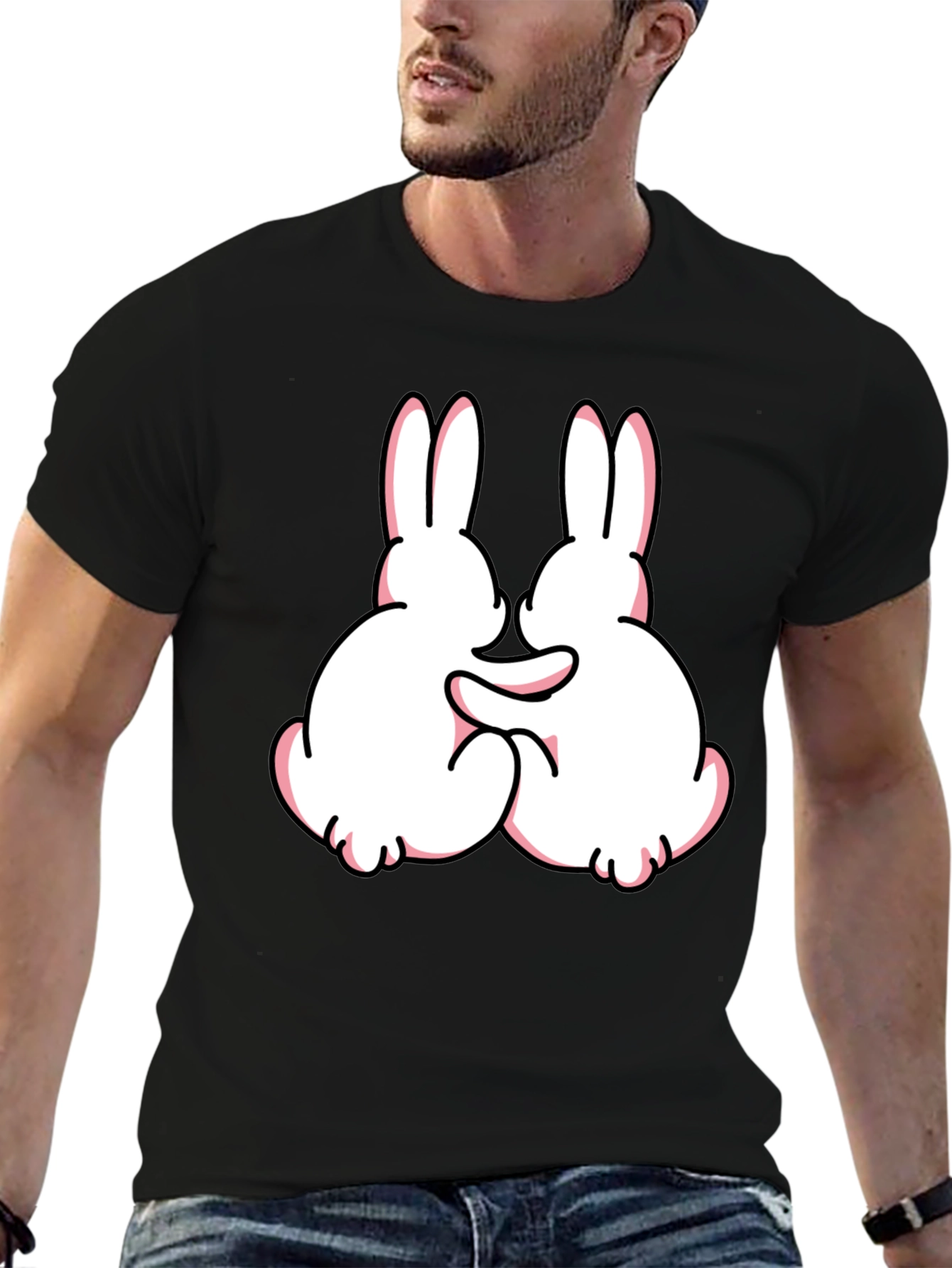 Cute Bunny Graphic Tee - Black Cotton Blend Casual Shirt