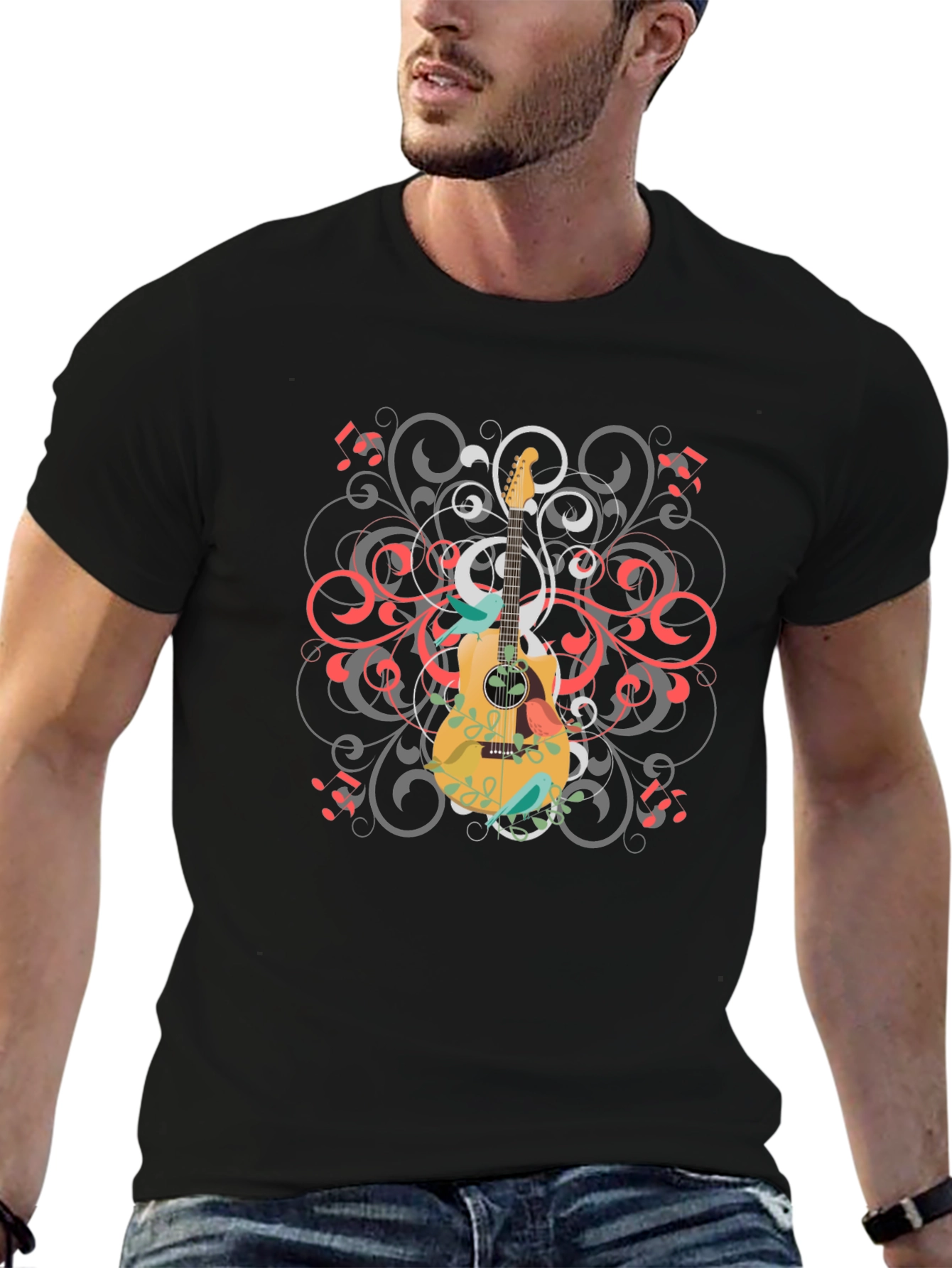 Guitar Swirl Graphic Black T-Shirt